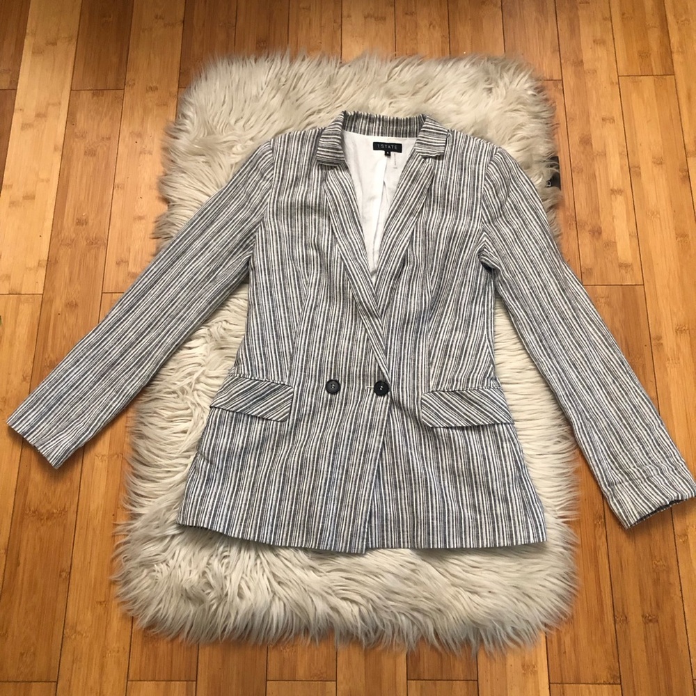 1. State Linen Blend Striped Double-Breasted Gray White Womens Blazer size 4